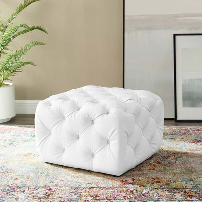 Amour Tufted Button Square Faux Leather Ottoman, Faux Leather, White, 18393