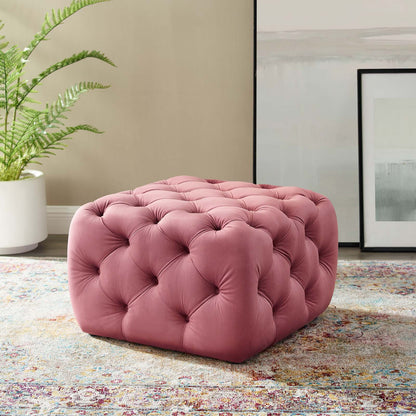 Amour Tufted Button Square Performance Velvet Ottoman, Velvet, Pink, 18394