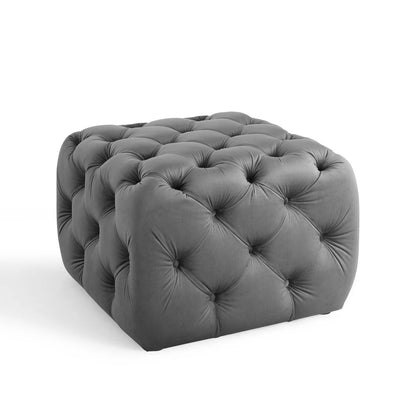 Amour Tufted Button Square Performance Velvet Ottoman, Velvet, Grey Gray, 18395
