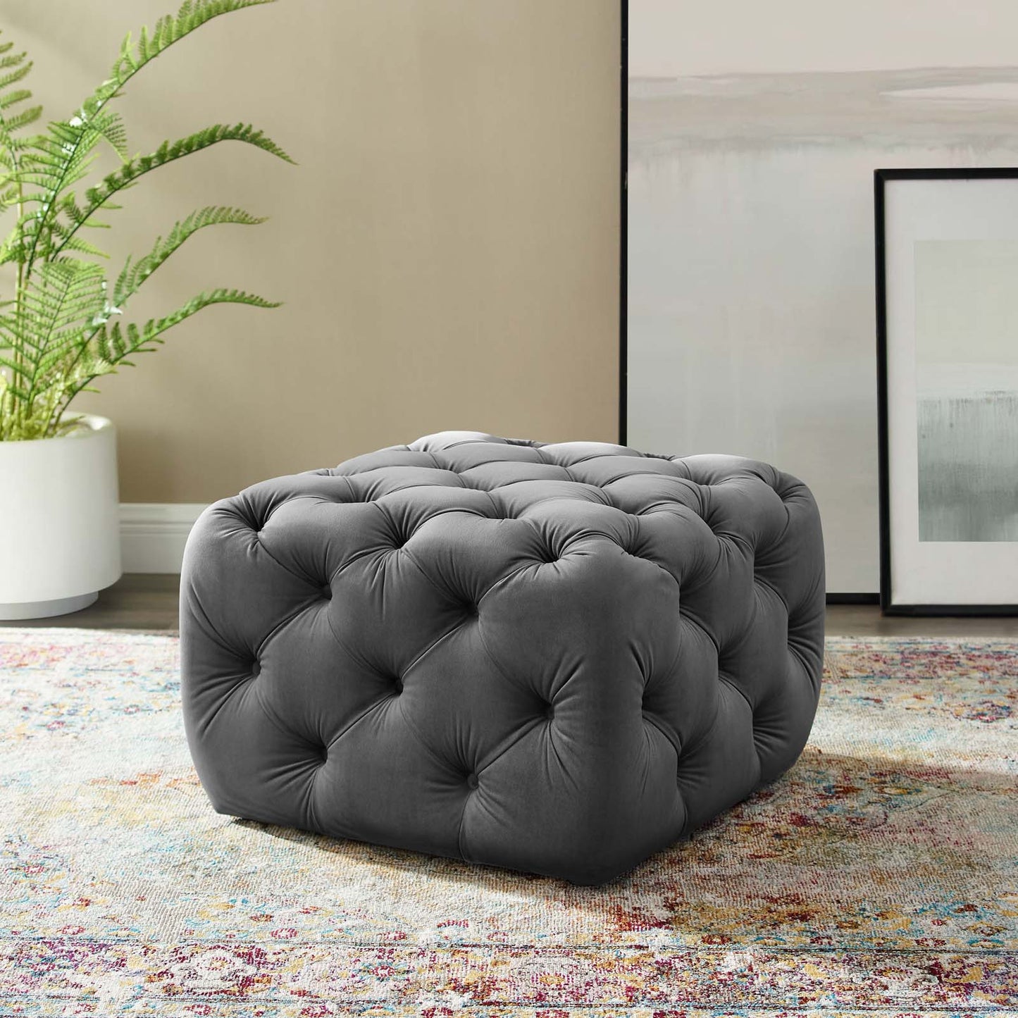 Amour Tufted Button Square Performance Velvet Ottoman, Velvet, Grey Gray, 18395