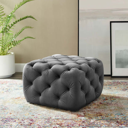 Amour Tufted Button Square Performance Velvet Ottoman, Velvet, Grey Gray, 18395