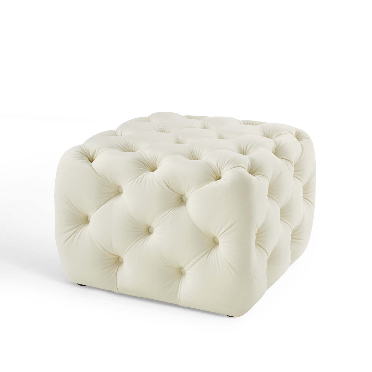 Amour Tufted Button Square Performance Velvet Ottoman, Velvet, Ivory White, 18396