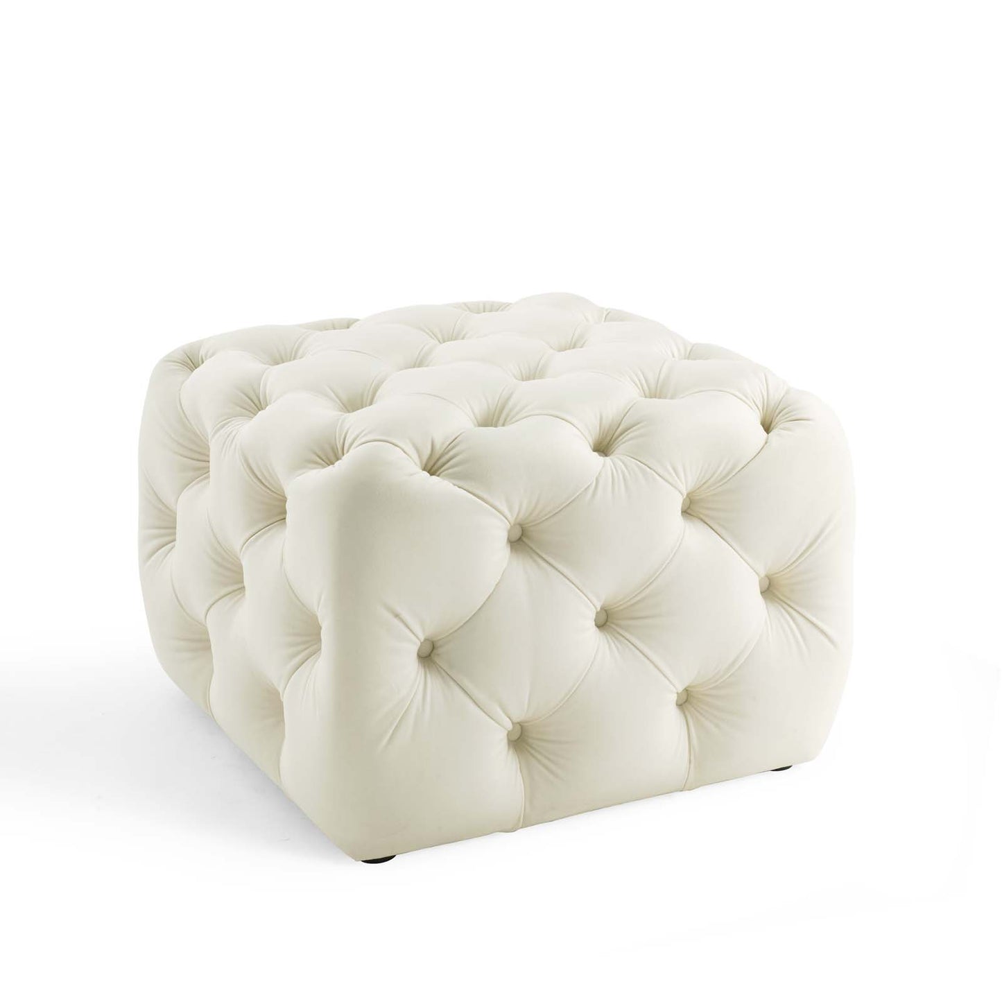 Amour Tufted Button Square Performance Velvet Ottoman, Velvet, Ivory White, 18396