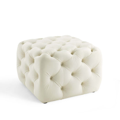 Amour Tufted Button Square Performance Velvet Ottoman, Velvet, Ivory White, 18396