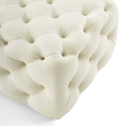 Amour Tufted Button Square Performance Velvet Ottoman, Velvet, Ivory White, 18396