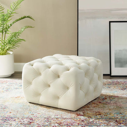 Amour Tufted Button Square Performance Velvet Ottoman, Velvet, Ivory White, 18396