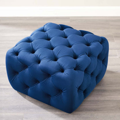 Amour Tufted Button Square Performance Velvet Ottoman, Velvet, Blue Navy, 18397