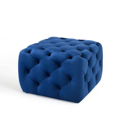Amour Tufted Button Square Performance Velvet Ottoman, Velvet, Blue Navy, 18397