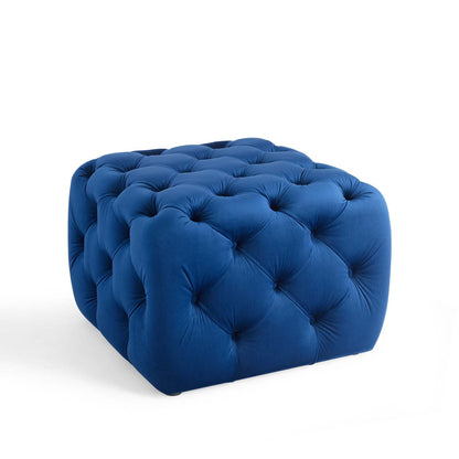 Amour Tufted Button Square Performance Velvet Ottoman, Velvet, Blue Navy, 18397