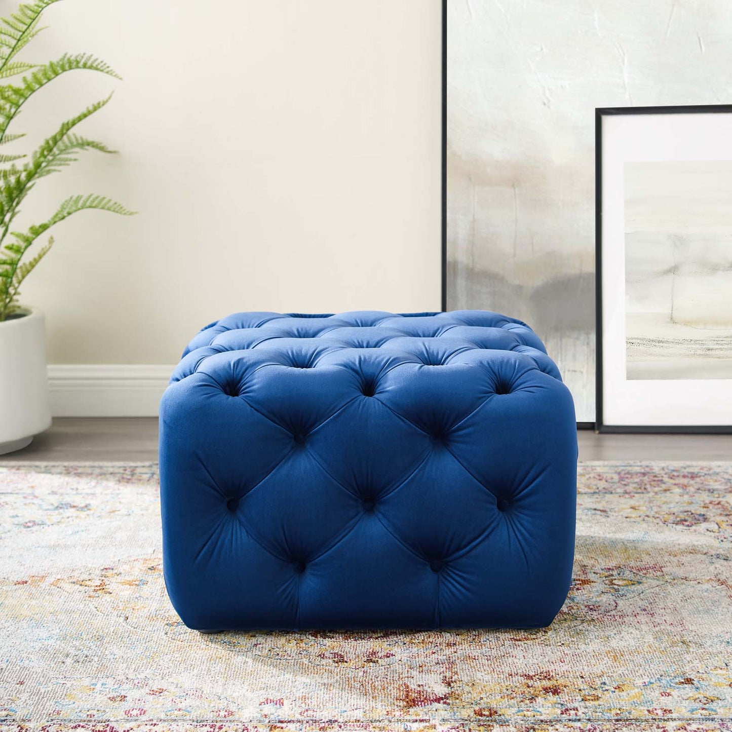 Amour Tufted Button Square Performance Velvet Ottoman, Velvet, Blue Navy, 18397