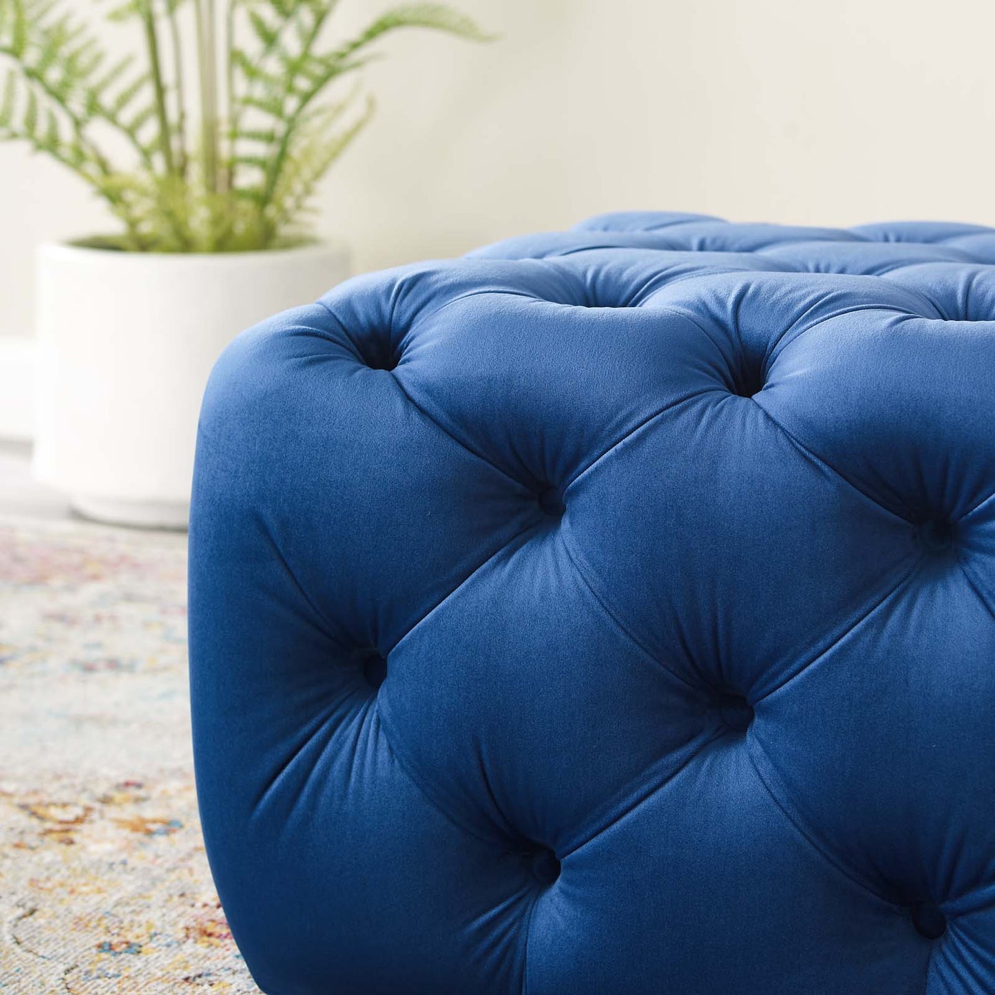 Amour Tufted Button Square Performance Velvet Ottoman, Velvet, Blue Navy, 18397
