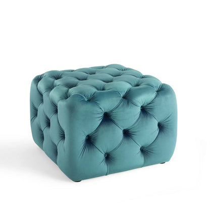 Amour Tufted Button Square Performance Velvet Ottoman, Velvet, Blue, 18398