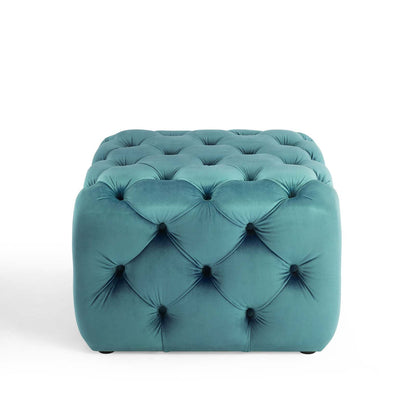 Amour Tufted Button Square Performance Velvet Ottoman, Velvet, Blue, 18398