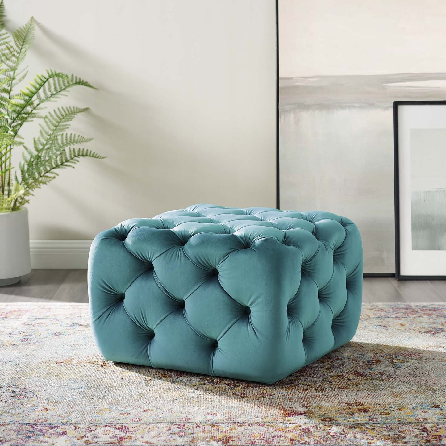 Amour Tufted Button Square Performance Velvet Ottoman, Velvet, Blue, 18398