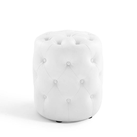 Amour Tufted Button Round Faux Leather Ottoman, Faux Leather, White, 18399