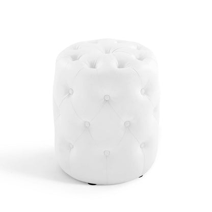 Amour Tufted Button Round Faux Leather Ottoman, Faux Leather, White, 18399