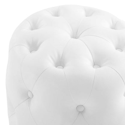 Amour Tufted Button Round Faux Leather Ottoman, Faux Leather, White, 18399