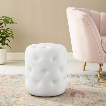 Amour Tufted Button Round Faux Leather Ottoman, Faux Leather, White, 18399