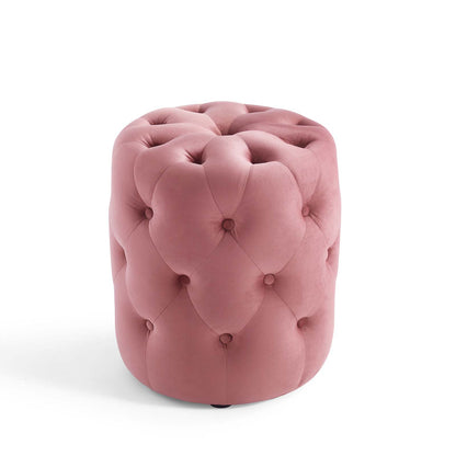 Amour Tufted Button Round Performance Velvet Ottoman, Velvet, Pink, 18400