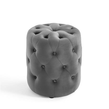 Amour Tufted Button Round Performance Velvet Ottoman, Velvet, Grey Gray, 18401