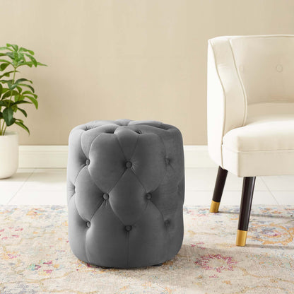 Amour Tufted Button Round Performance Velvet Ottoman, Velvet, Grey Gray, 18401