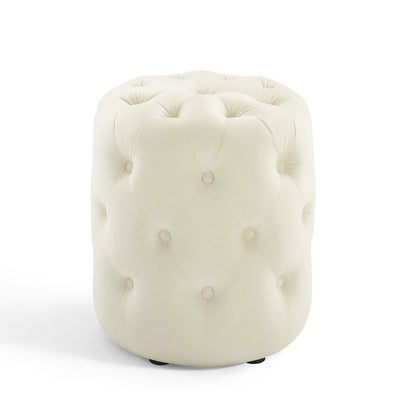 Amour Tufted Button Round Performance Velvet Ottoman, Velvet, Ivory White, 18402