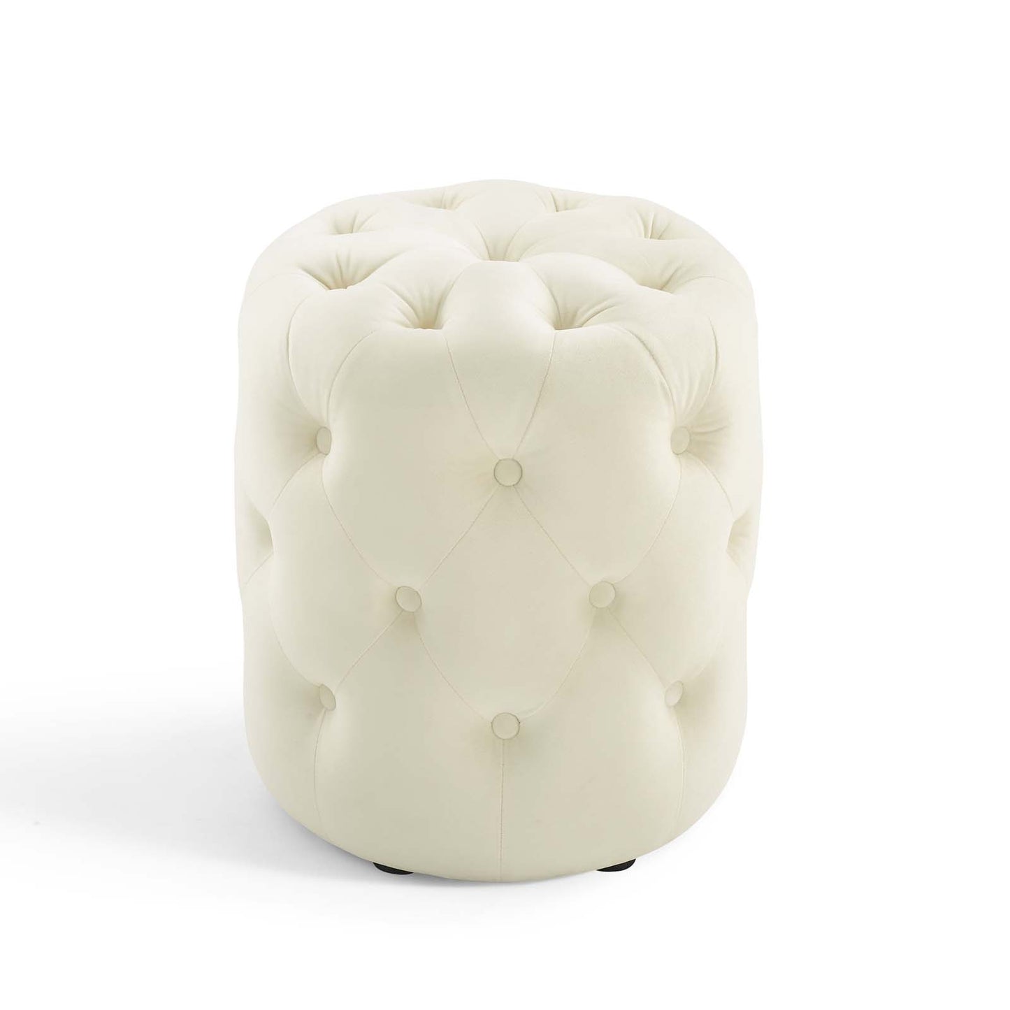 Amour Tufted Button Round Performance Velvet Ottoman, Velvet, Ivory White, 18402