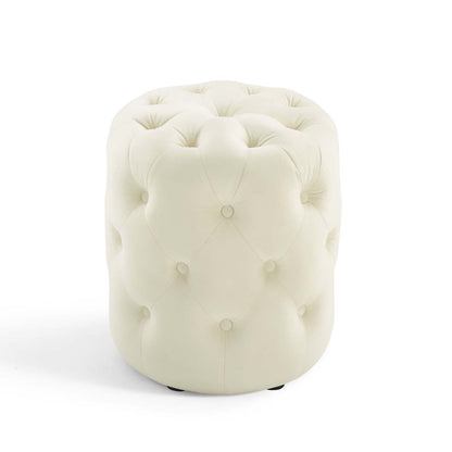 Amour Tufted Button Round Performance Velvet Ottoman, Velvet, Ivory White, 18402