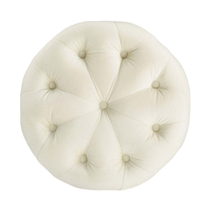Amour Tufted Button Round Performance Velvet Ottoman, Velvet, Ivory White, 18402