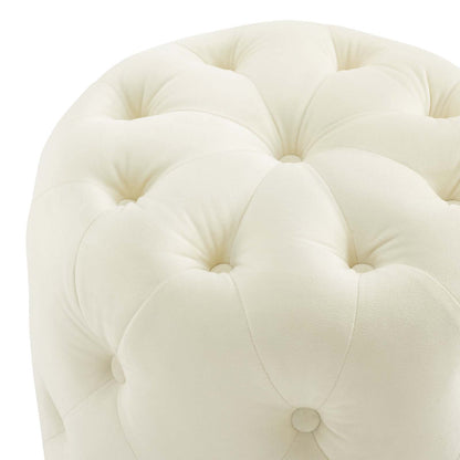 Amour Tufted Button Round Performance Velvet Ottoman, Velvet, Ivory White, 18402