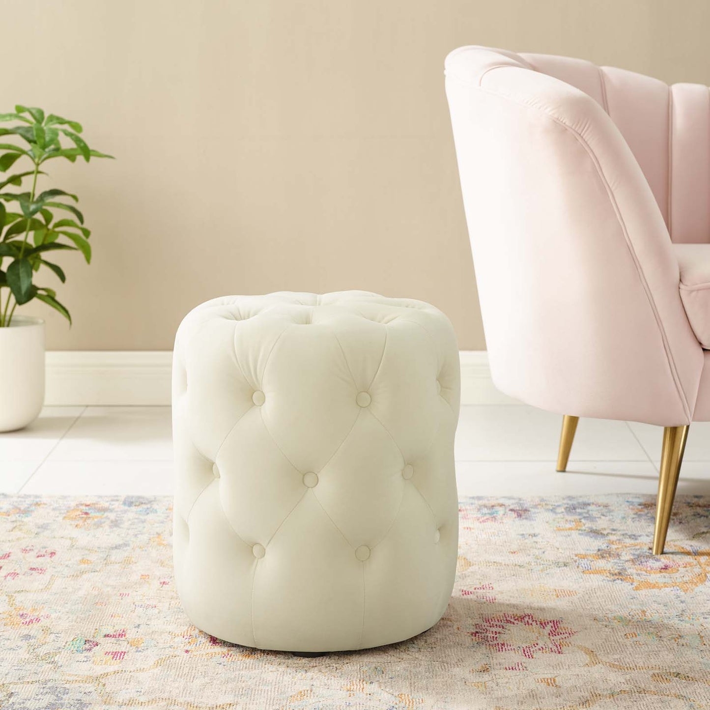Amour Tufted Button Round Performance Velvet Ottoman, Velvet, Ivory White, 18402