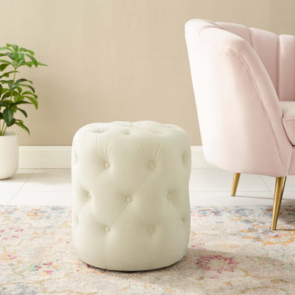Amour Tufted Button Round Performance Velvet Ottoman, Velvet, Ivory White, 18402