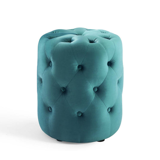 Amour Tufted Button Round Performance Velvet Ottoman, Velvet, Blue, 18404