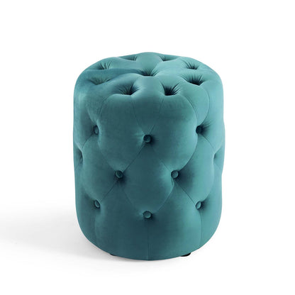 Amour Tufted Button Round Performance Velvet Ottoman, Velvet, Blue, 18404