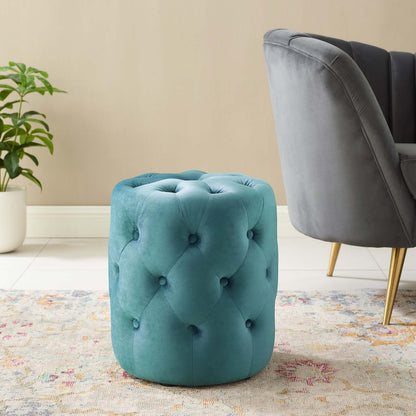 Amour Tufted Button Round Performance Velvet Ottoman, Velvet, Blue, 18404
