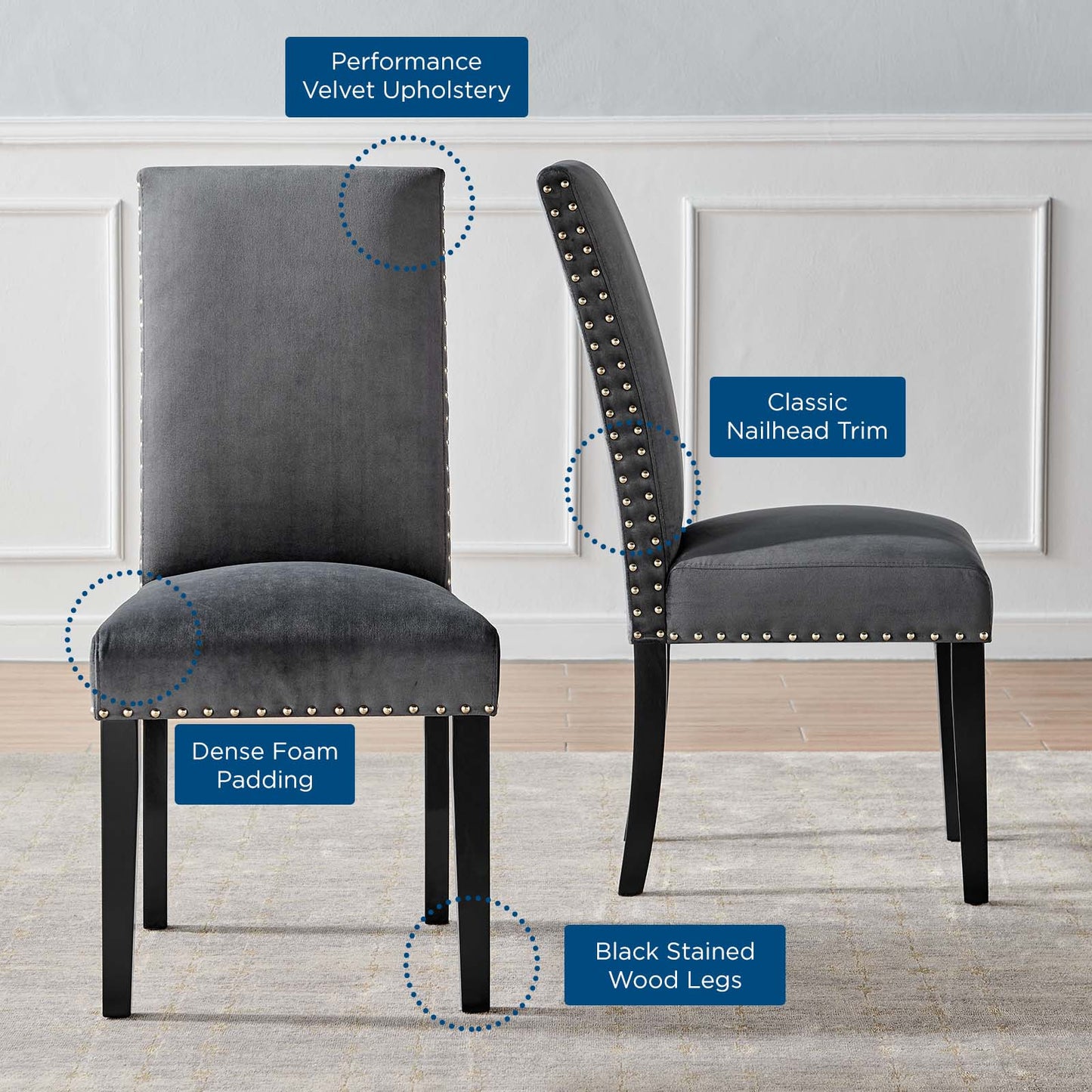 Parcel Performance Velvet Dining Side Chairs - Set of 2, Velvet, Wood, Dark Grey Gray, 18405