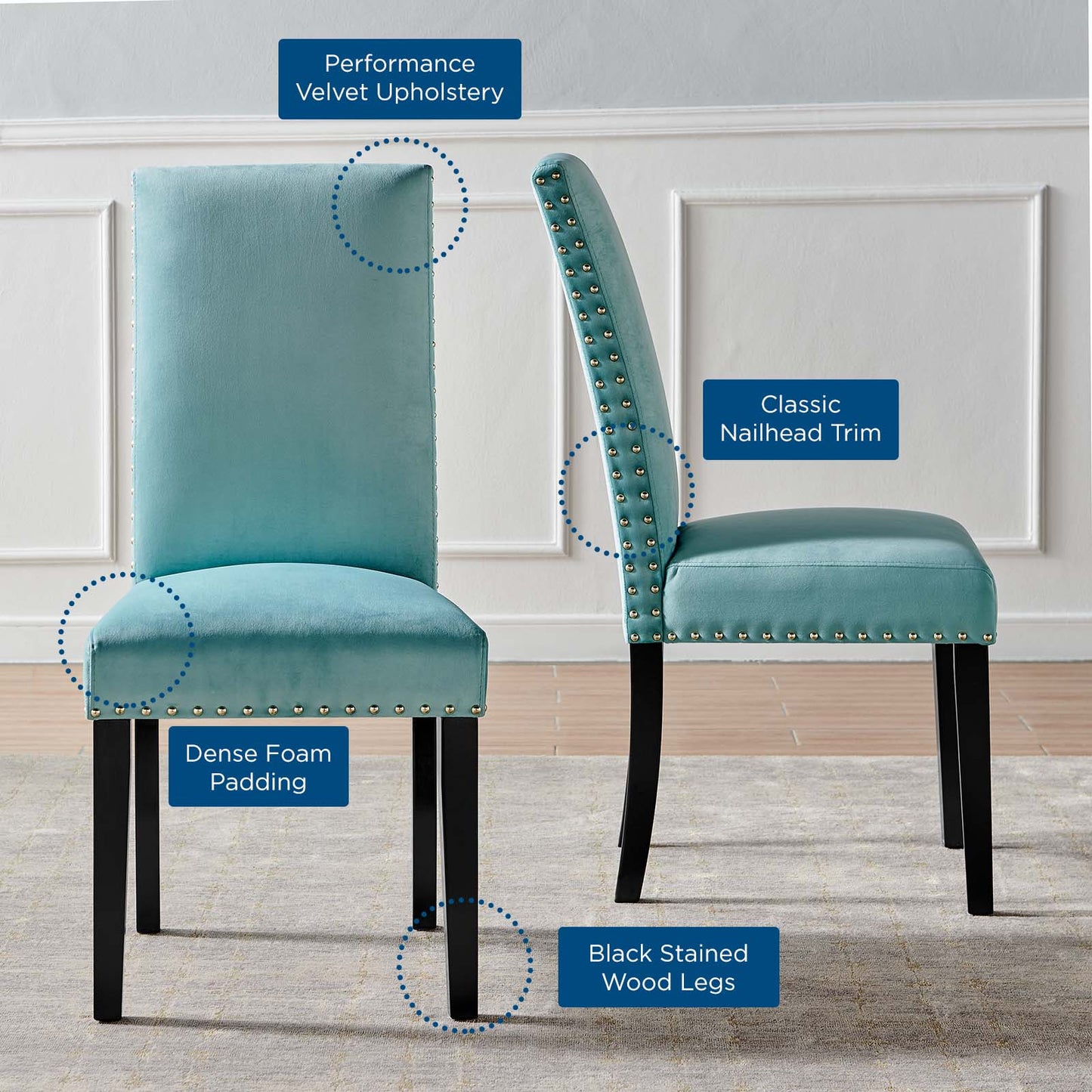 Parcel Performance Velvet Dining Side Chairs - Set of 2, Velvet, Wood, Blue, 18409