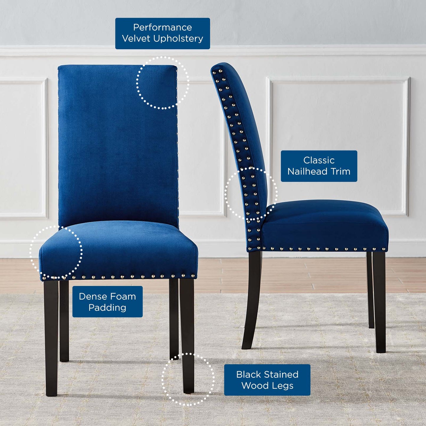 Parcel Performance Velvet Dining Side Chairs - Set of 2, Velvet, Wood, Blue Navy, 18410