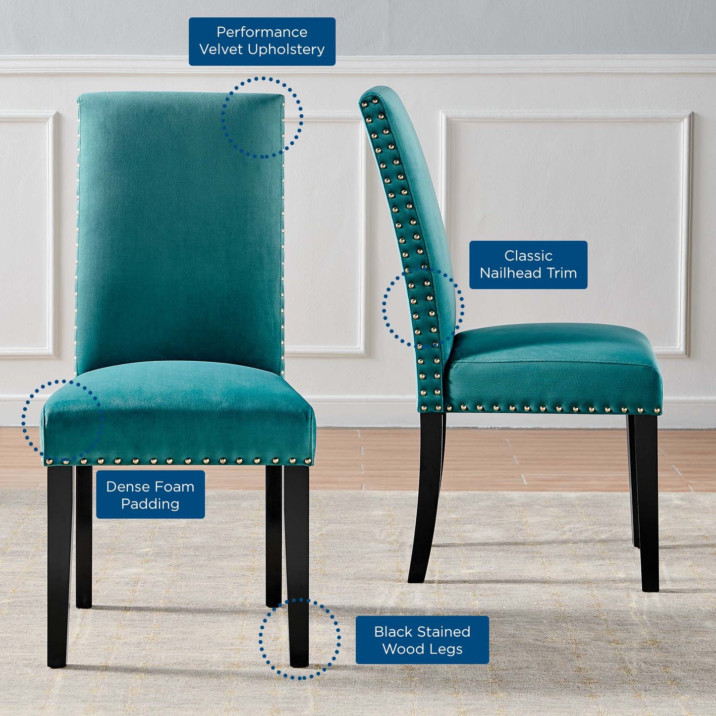 Parcel Performance Velvet Dining Side Chairs - Set of 2, Velvet, Wood, Teal Blue, 18412