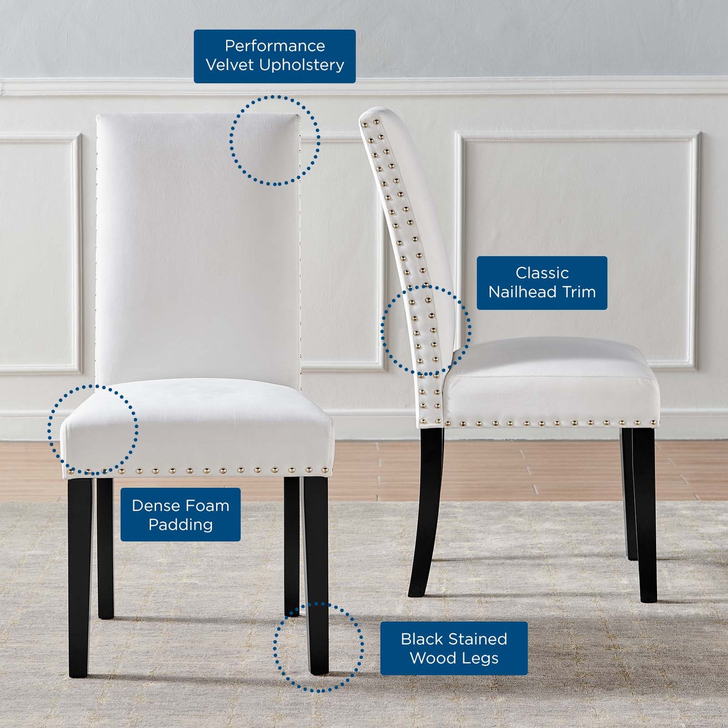 Parcel Performance Velvet Dining Side Chairs - Set of 2, Velvet, Wood, White, 18413