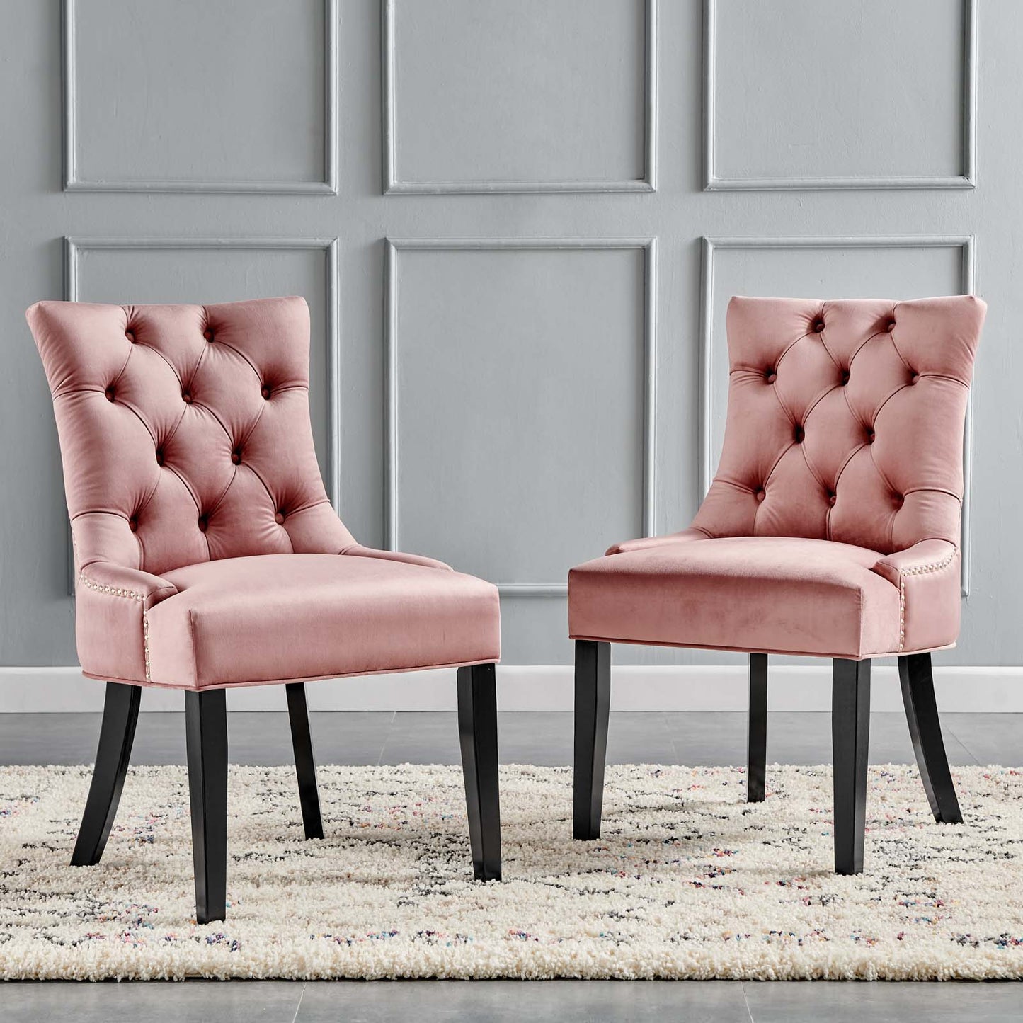 Regent Tufted Performance Velvet Dining Side Chairs - Set of 2, Velvet, Wood, Pink, 18416