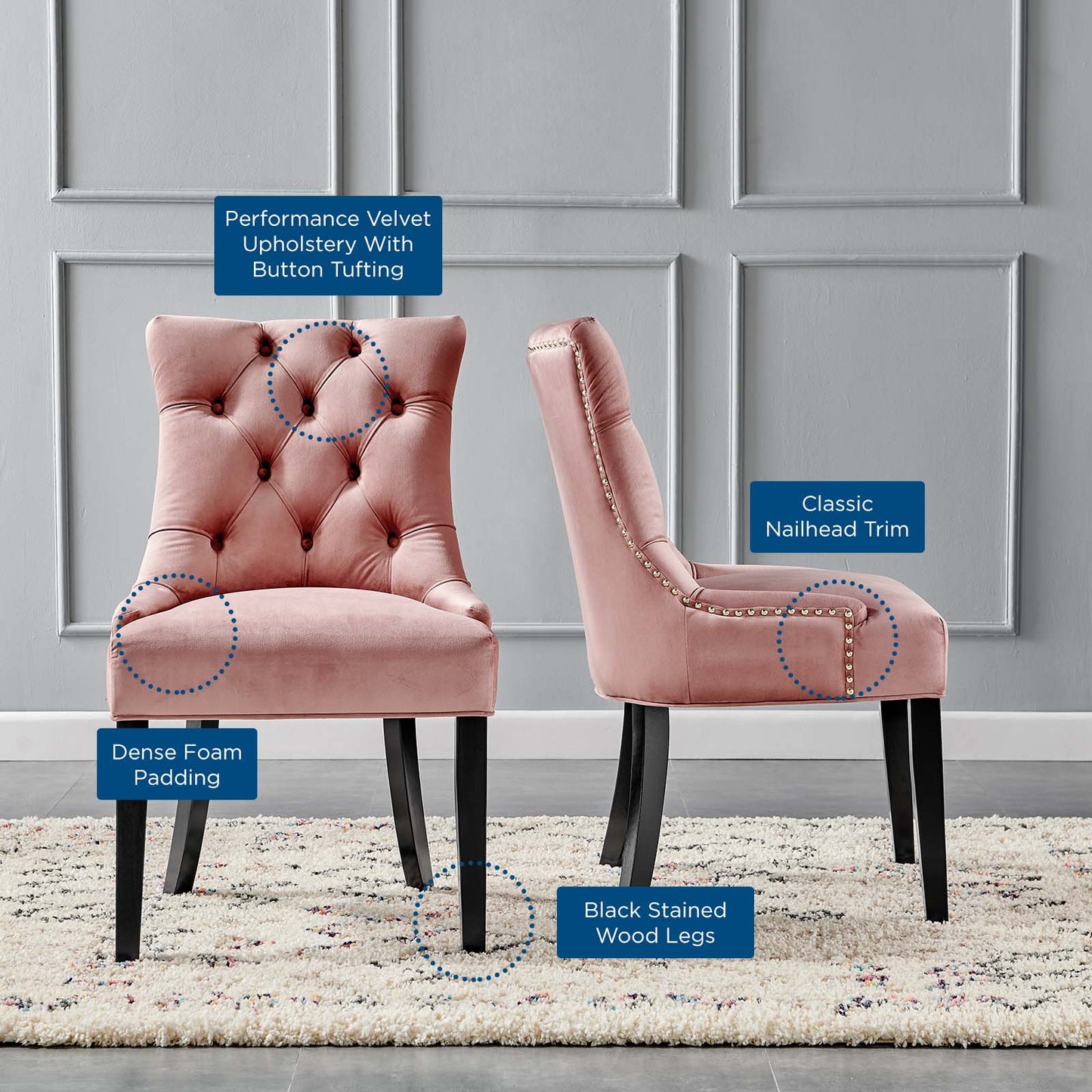 Regent Tufted Performance Velvet Dining Side Chairs - Set of 2, Velvet, Wood, Pink, 18416