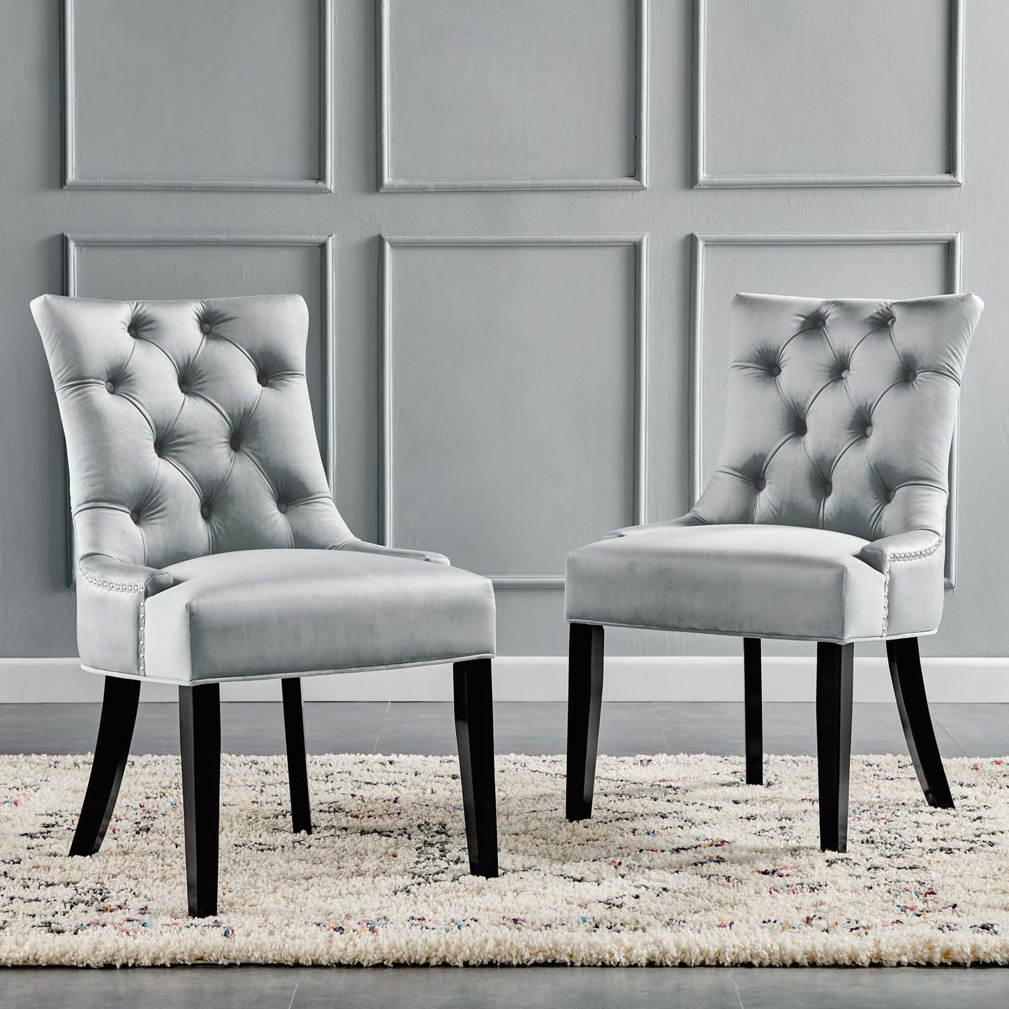 Regent Tufted Performance Velvet Dining Side Chairs - Set of 2, Velvet, Wood, Light Grey Gray, 18417