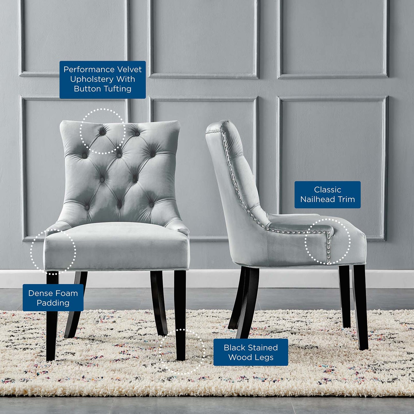 Regent Tufted Performance Velvet Dining Side Chairs - Set of 2, Velvet, Wood, Light Grey Gray, 18417