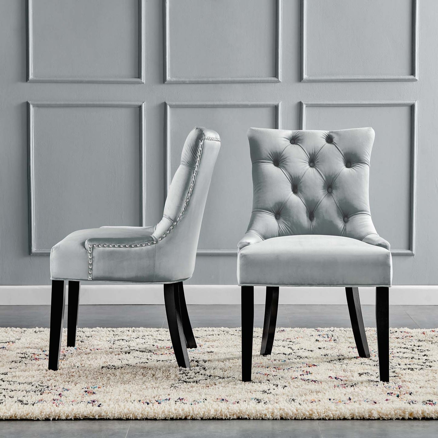 Regent Tufted Performance Velvet Dining Side Chairs - Set of 2, Velvet, Wood, Light Grey Gray, 18417