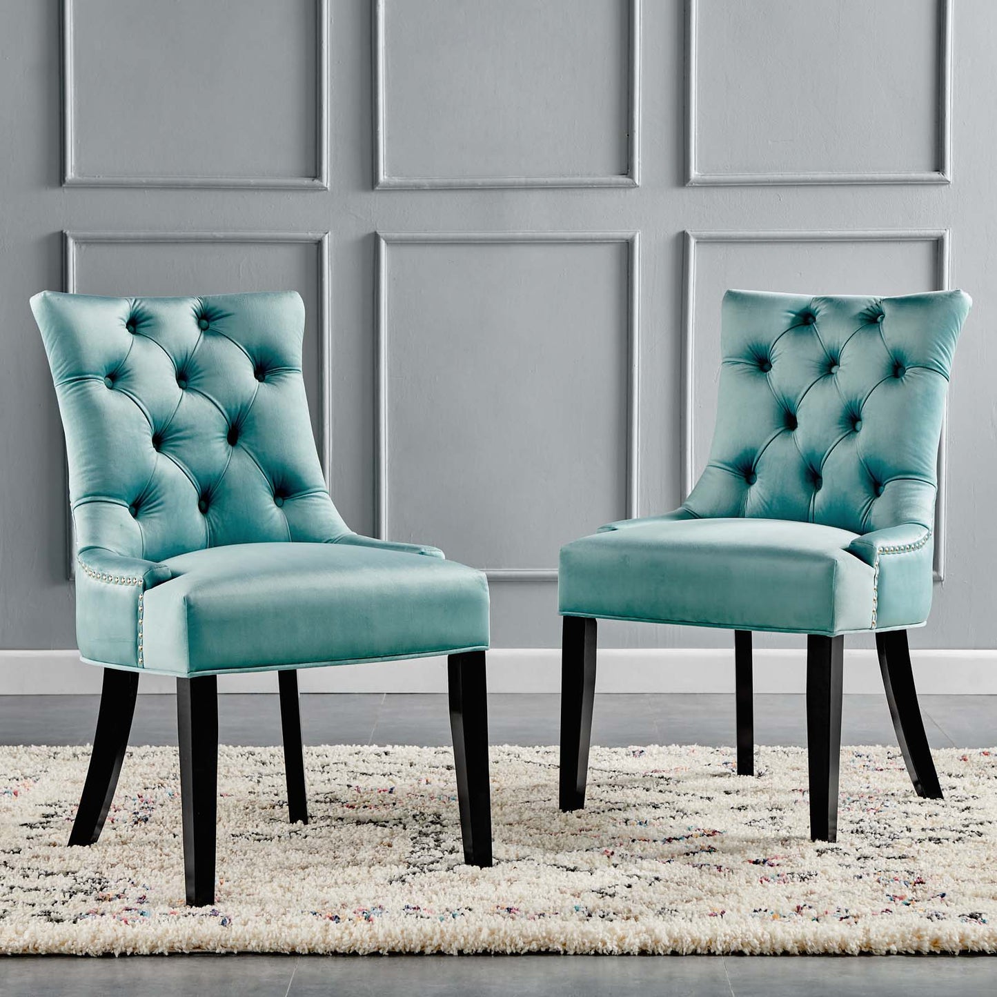 Regent Tufted Performance Velvet Dining Side Chairs - Set of 2, Velvet, Wood, Blue, 18418