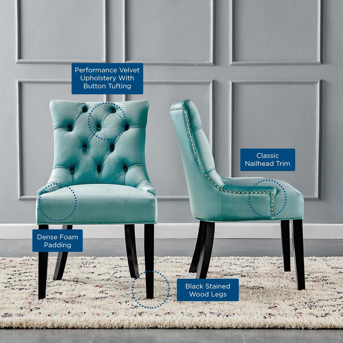 Regent Tufted Performance Velvet Dining Side Chairs - Set of 2, Velvet, Wood, Blue, 18418