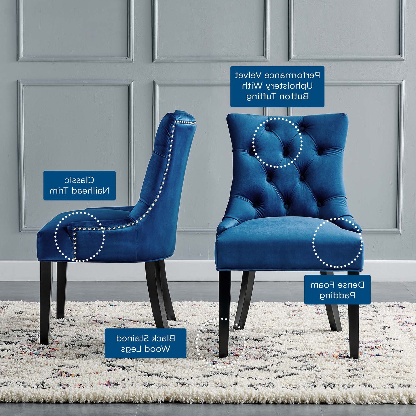 Regent Tufted Performance Velvet Dining Side Chairs - Set of 2, Velvet, Wood, Blue Navy, 18419