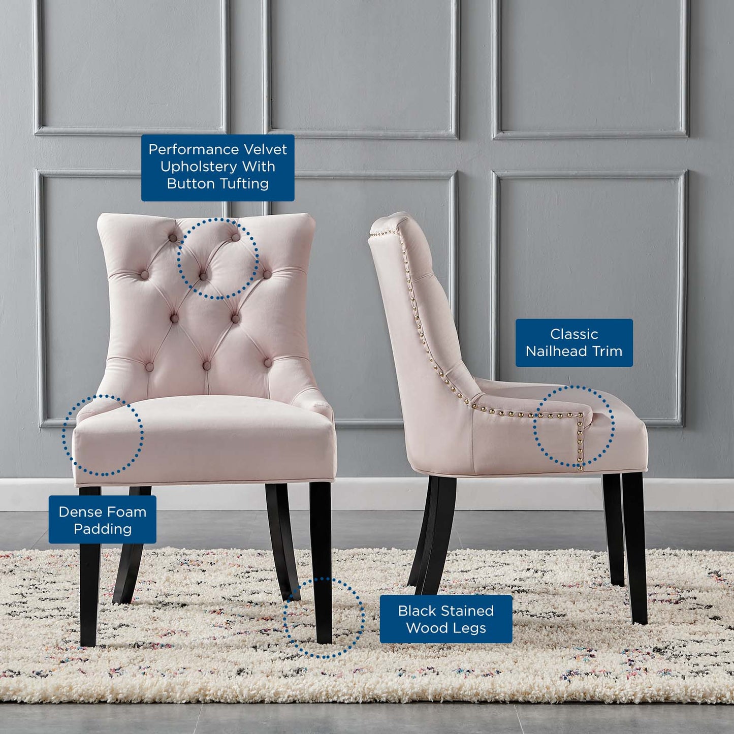 Regent Tufted Performance Velvet Dining Side Chairs - Set of 2, Velvet, Wood, Pink, 18420