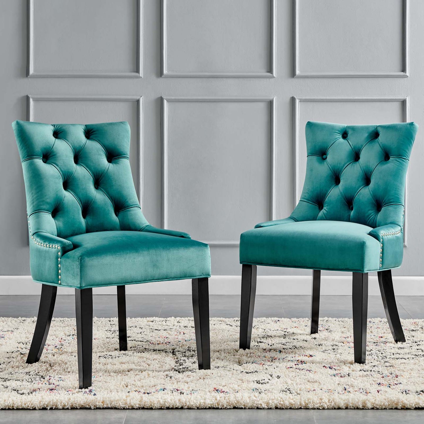 Regent Tufted Performance Velvet Dining Side Chairs - Set of 2, Velvet, Wood, Teal Blue, 18421